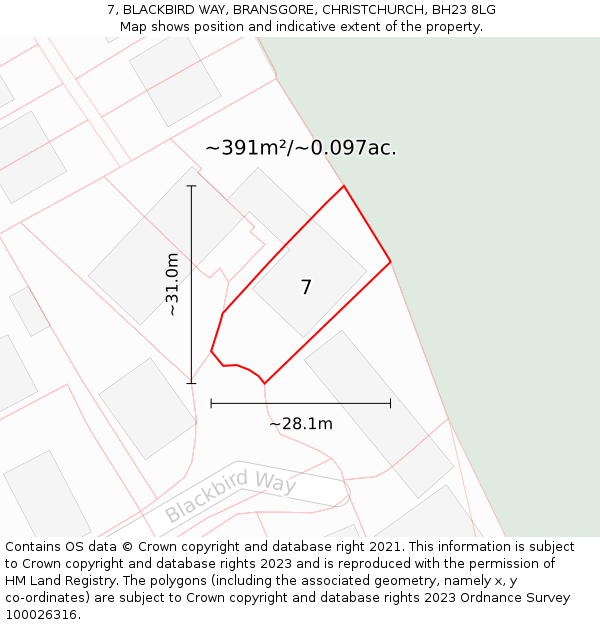 7, BLACKBIRD WAY, BRANSGORE, CHRISTCHURCH, BH23 8LG: Plot and title map