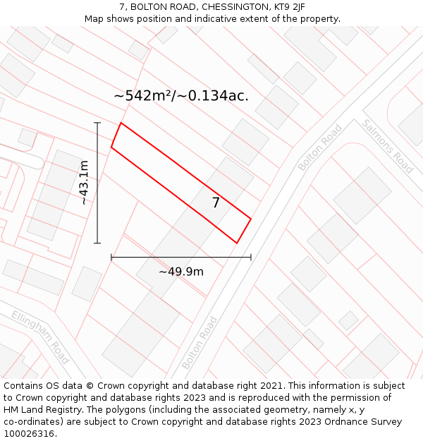 7, BOLTON ROAD, CHESSINGTON, KT9 2JF: Plot and title map