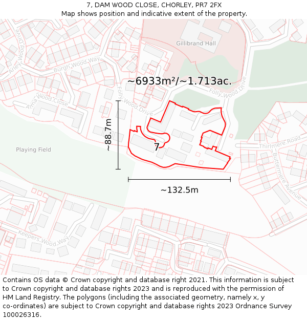 7, DAM WOOD CLOSE, CHORLEY, PR7 2FX: Plot and title map