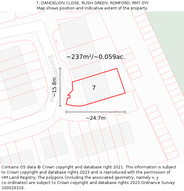 7, DANDELION CLOSE, RUSH GREEN, ROMFORD, RM7 0YY: Plot and title map