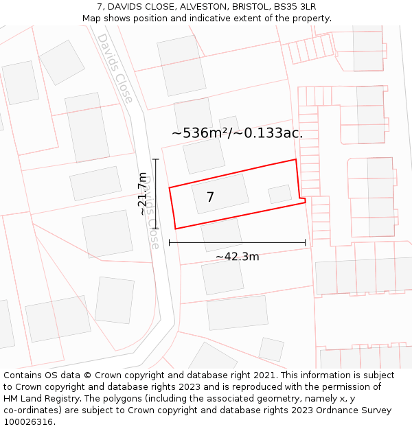 7, DAVIDS CLOSE, ALVESTON, BRISTOL, BS35 3LR: Plot and title map