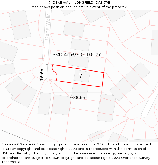 7, DENE WALK, LONGFIELD, DA3 7PB: Plot and title map