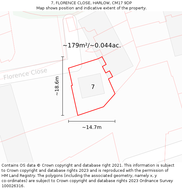 7, FLORENCE CLOSE, HARLOW, CM17 9DP: Plot and title map