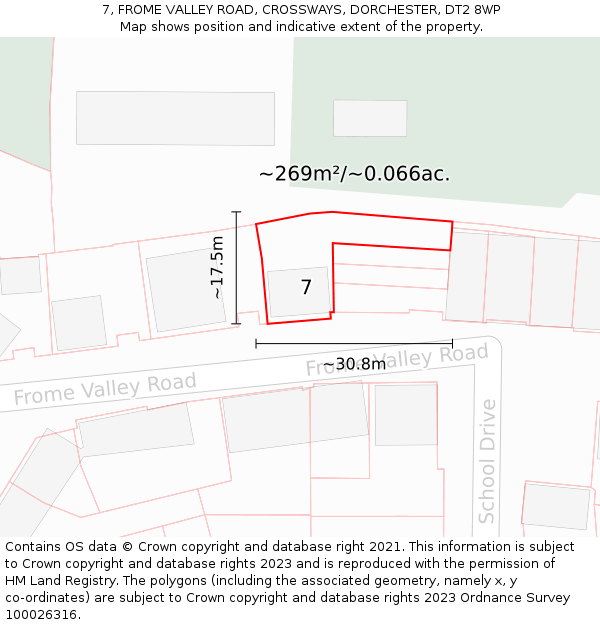 7, FROME VALLEY ROAD, CROSSWAYS, DORCHESTER, DT2 8WP: Plot and title map