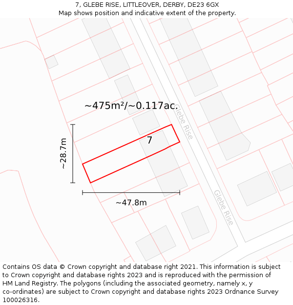 7, GLEBE RISE, LITTLEOVER, DERBY, DE23 6GX: Plot and title map