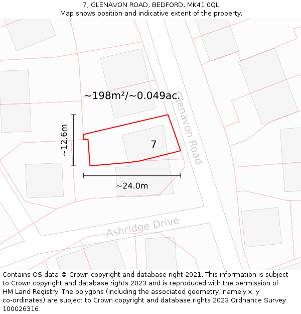 7, GLENAVON ROAD, BEDFORD, MK41 0QL: Plot and title map