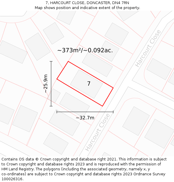 7, HARCOURT CLOSE, DONCASTER, DN4 7RN: Plot and title map