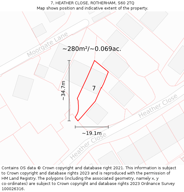 7, HEATHER CLOSE, ROTHERHAM, S60 2TQ: Plot and title map