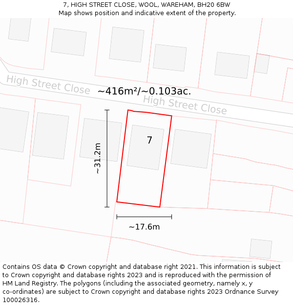 7, HIGH STREET CLOSE, WOOL, WAREHAM, BH20 6BW: Plot and title map