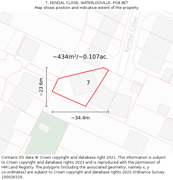 7, KENDAL CLOSE, WATERLOOVILLE, PO8 8ET: Plot and title map