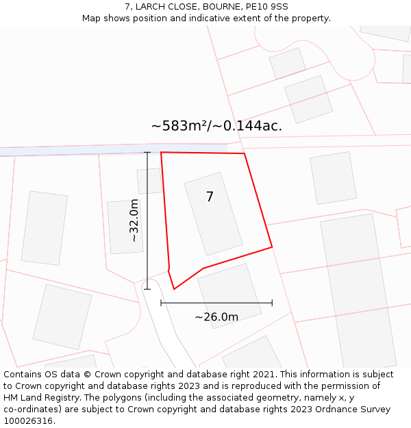 7, LARCH CLOSE, BOURNE, PE10 9SS: Plot and title map