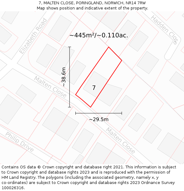 7, MALTEN CLOSE, PORINGLAND, NORWICH, NR14 7RW: Plot and title map