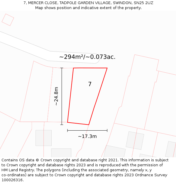 7, MERCER CLOSE, TADPOLE GARDEN VILLAGE, SWINDON, SN25 2UZ: Plot and title map