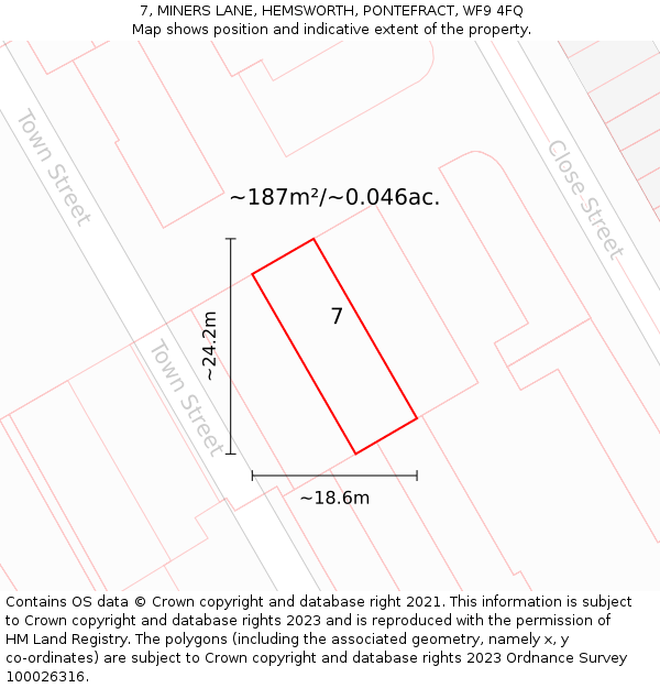 7, MINERS LANE, HEMSWORTH, PONTEFRACT, WF9 4FQ: Plot and title map