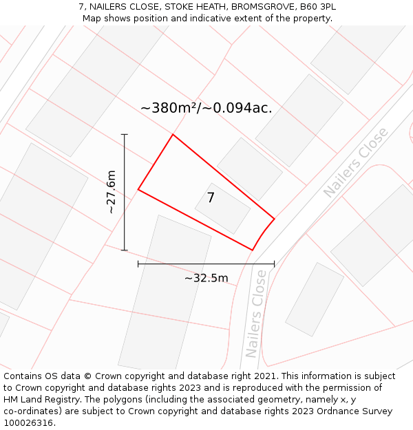 7, NAILERS CLOSE, STOKE HEATH, BROMSGROVE, B60 3PL: Plot and title map