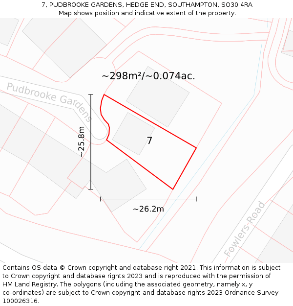 7, PUDBROOKE GARDENS, HEDGE END, SOUTHAMPTON, SO30 4RA: Plot and title map