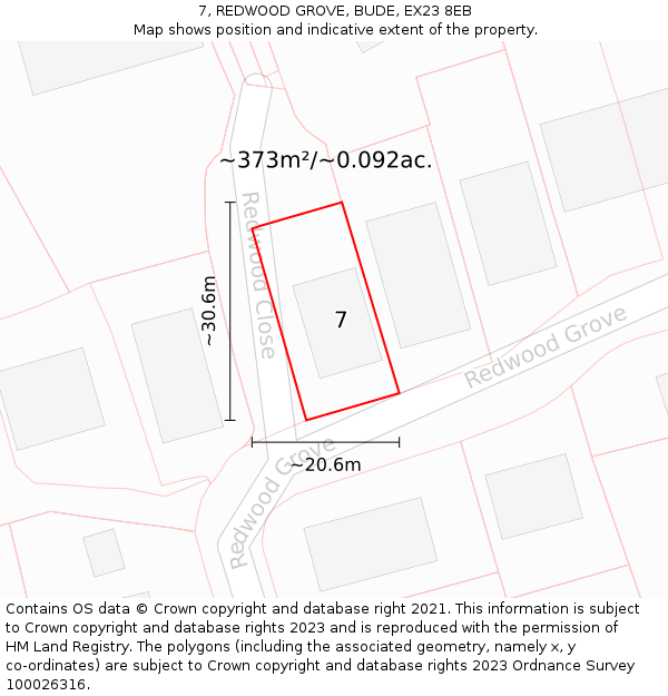 7, REDWOOD GROVE, BUDE, EX23 8EB: Plot and title map