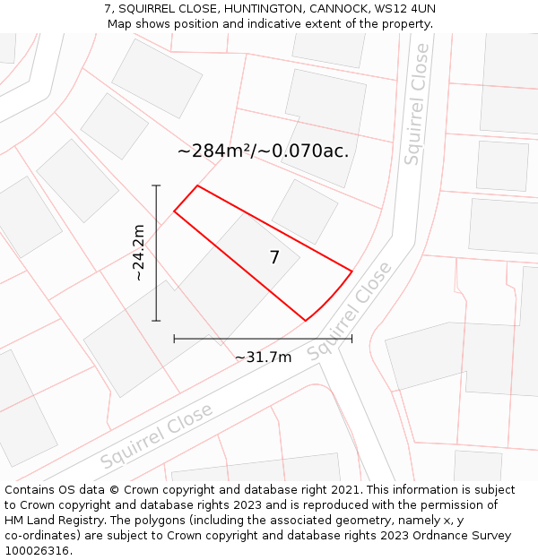 7, SQUIRREL CLOSE, HUNTINGTON, CANNOCK, WS12 4UN: Plot and title map