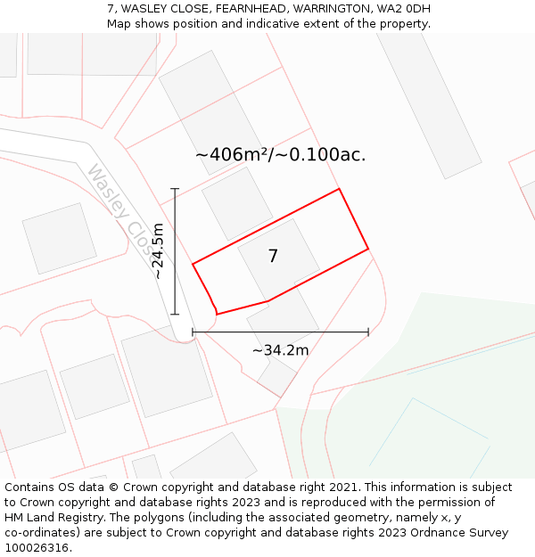 7, WASLEY CLOSE, FEARNHEAD, WARRINGTON, WA2 0DH: Plot and title map