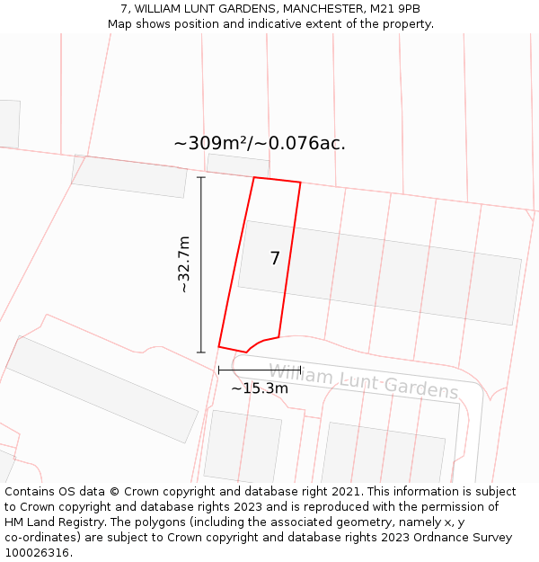 7, WILLIAM LUNT GARDENS, MANCHESTER, M21 9PB: Plot and title map