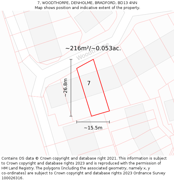 7, WOODTHORPE, DENHOLME, BRADFORD, BD13 4NN: Plot and title map