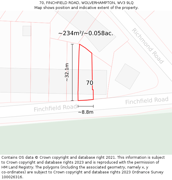 70, FINCHFIELD ROAD, WOLVERHAMPTON, WV3 9LQ: Plot and title map