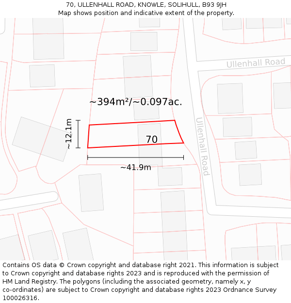 70, ULLENHALL ROAD, KNOWLE, SOLIHULL, B93 9JH: Plot and title map