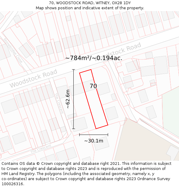 70, WOODSTOCK ROAD, WITNEY, OX28 1DY: Plot and title map