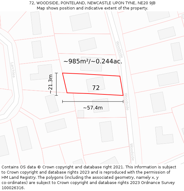 72, WOODSIDE, PONTELAND, NEWCASTLE UPON TYNE, NE20 9JB: Plot and title map