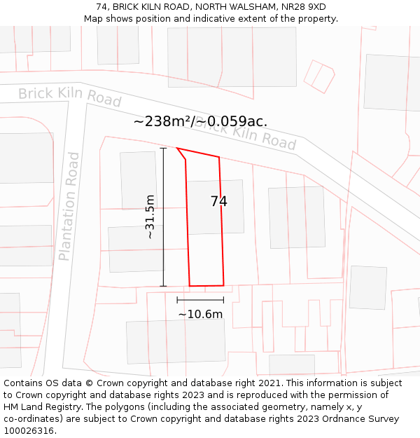 74, BRICK KILN ROAD, NORTH WALSHAM, NR28 9XD: Plot and title map