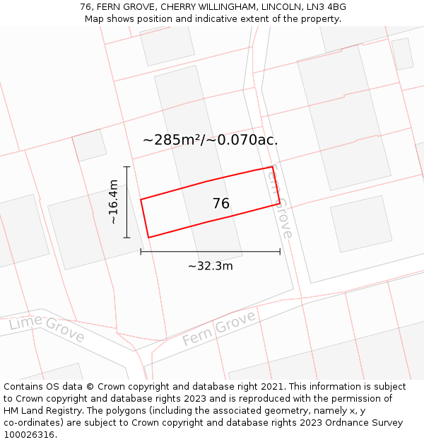 76, FERN GROVE, CHERRY WILLINGHAM, LINCOLN, LN3 4BG: Plot and title map