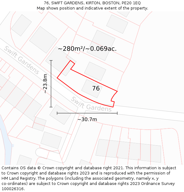 76, SWIFT GARDENS, KIRTON, BOSTON, PE20 1EQ: Plot and title map