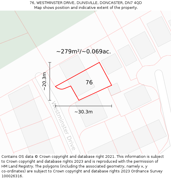 76, WESTMINSTER DRIVE, DUNSVILLE, DONCASTER, DN7 4QD: Plot and title map