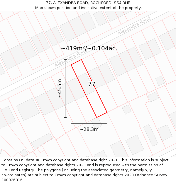 77, ALEXANDRA ROAD, ROCHFORD, SS4 3HB: Plot and title map