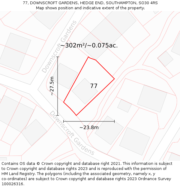 77, DOWNSCROFT GARDENS, HEDGE END, SOUTHAMPTON, SO30 4RS: Plot and title map