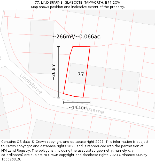 77, LINDISFARNE, GLASCOTE, TAMWORTH, B77 2QW: Plot and title map