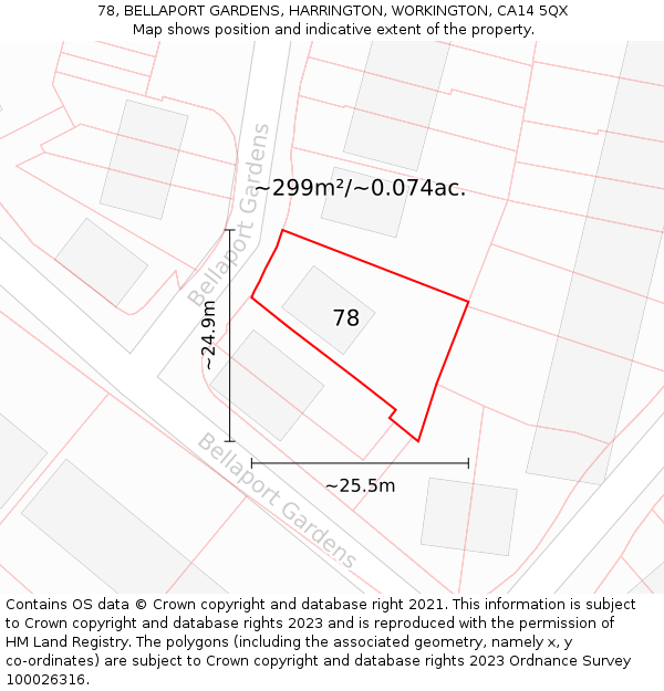 78, BELLAPORT GARDENS, HARRINGTON, WORKINGTON, CA14 5QX: Plot and title map