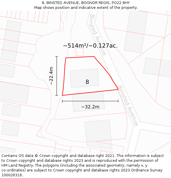 8, BINSTED AVENUE, BOGNOR REGIS, PO22 8HY: Plot and title map