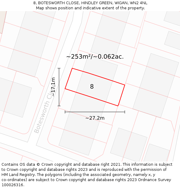 8, BOTESWORTH CLOSE, HINDLEY GREEN, WIGAN, WN2 4NL: Plot and title map