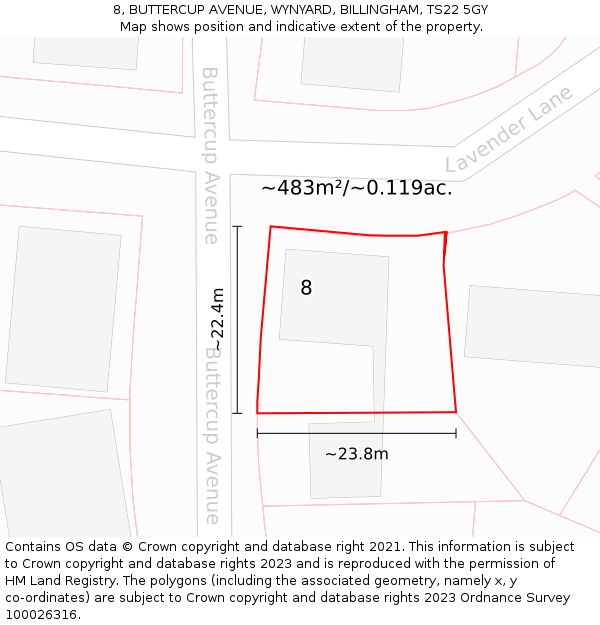 8, BUTTERCUP AVENUE, WYNYARD, BILLINGHAM, TS22 5GY: Plot and title map