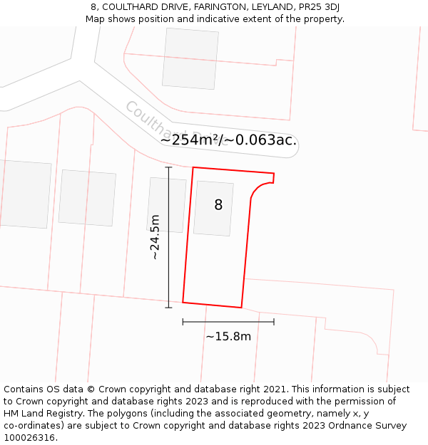 8, COULTHARD DRIVE, FARINGTON, LEYLAND, PR25 3DJ: Plot and title map