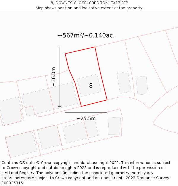 8, DOWNES CLOSE, CREDITON, EX17 3FP: Plot and title map