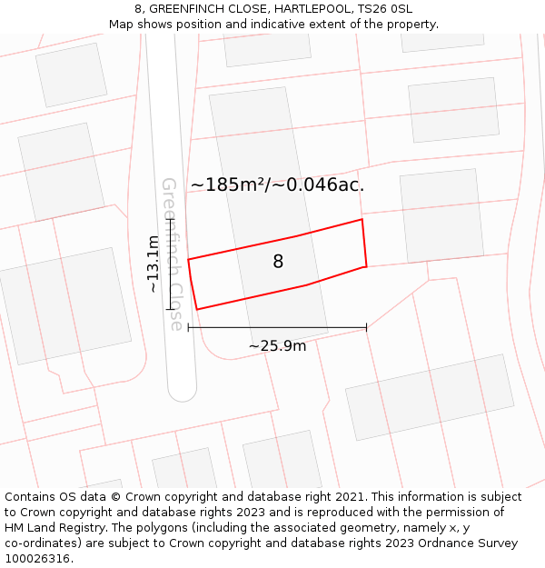 8, GREENFINCH CLOSE, HARTLEPOOL, TS26 0SL: Plot and title map