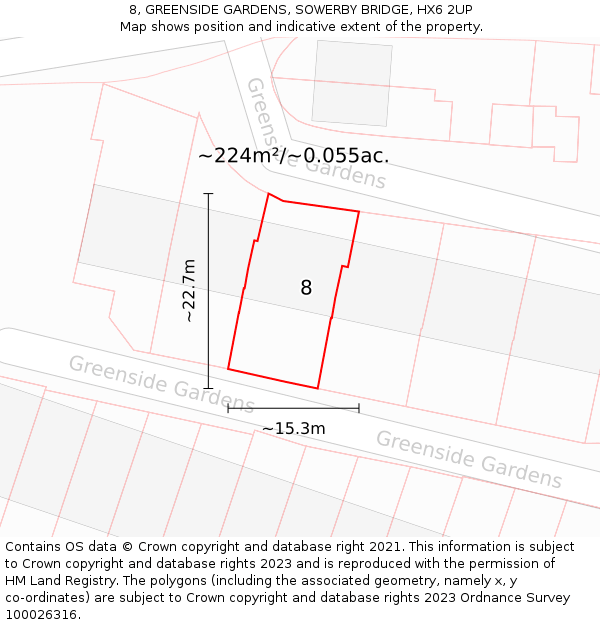 8, GREENSIDE GARDENS, SOWERBY BRIDGE, HX6 2UP: Plot and title map