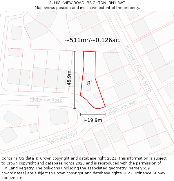 8, HIGHVIEW ROAD, BRIGHTON, BN1 8WT: Plot and title map