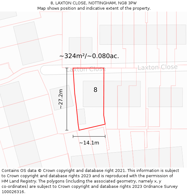 8, LAXTON CLOSE, NOTTINGHAM, NG8 3PW: Plot and title map