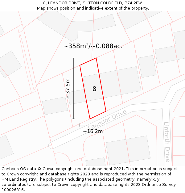 8, LEANDOR DRIVE, SUTTON COLDFIELD, B74 2EW: Plot and title map