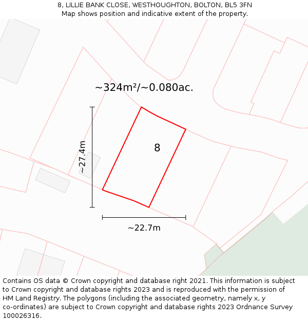 8, LILLIE BANK CLOSE, WESTHOUGHTON, BOLTON, BL5 3FN: Plot and title map