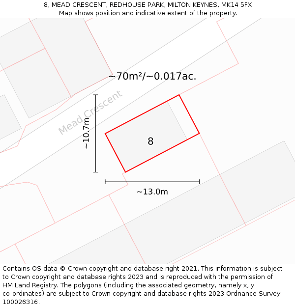 8, MEAD CRESCENT, REDHOUSE PARK, MILTON KEYNES, MK14 5FX: Plot and title map