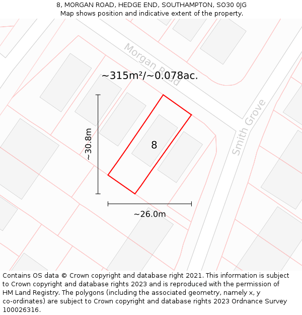 8, MORGAN ROAD, HEDGE END, SOUTHAMPTON, SO30 0JG: Plot and title map